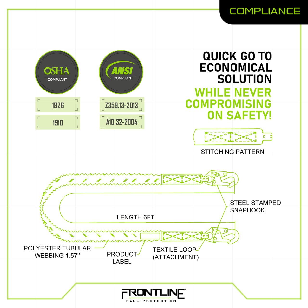 Frontline K100-61S Combat™ Compliance Kit | Harness 5 point |Meets or exceeds ANSI-OSHA standards (Harness, 6' Single Snap Hook)