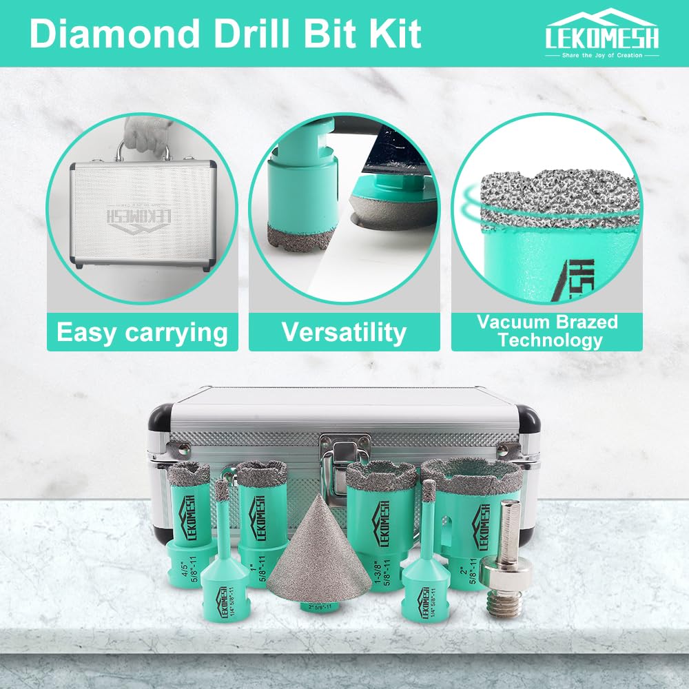 LEKOMESH Diamond Core Drill Bits Set 8pcs Tile Hole Saw Kit for Porcelain Tile Ceramic Marble Brick Concrete with 5/8-11 Thread(6/6/20/25/35/50mm+50mm Beveling Chamfer Bit+Triangle Shank Adapter)