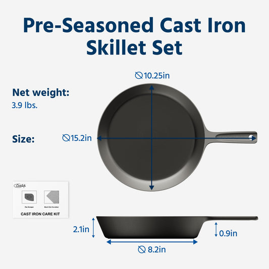 COOKLIFE 10 Inch Lightweight Pre-Seasoned Cast Iron Skillets - Smooth Polished Surface, Easy to Clean Cast Iron Pan Use in the Oven, on the Stove or Grill, Over a Campfire