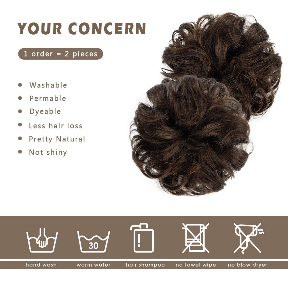 BARSDAR 100% Human Hair Bun Extension - 2 PCs Real Human Hair Messy Bun Hair Pieces Brown Hair Bun Extensions for Women - Real Human Hair Bun Scrunchies Updo Chignons Daily - Brown