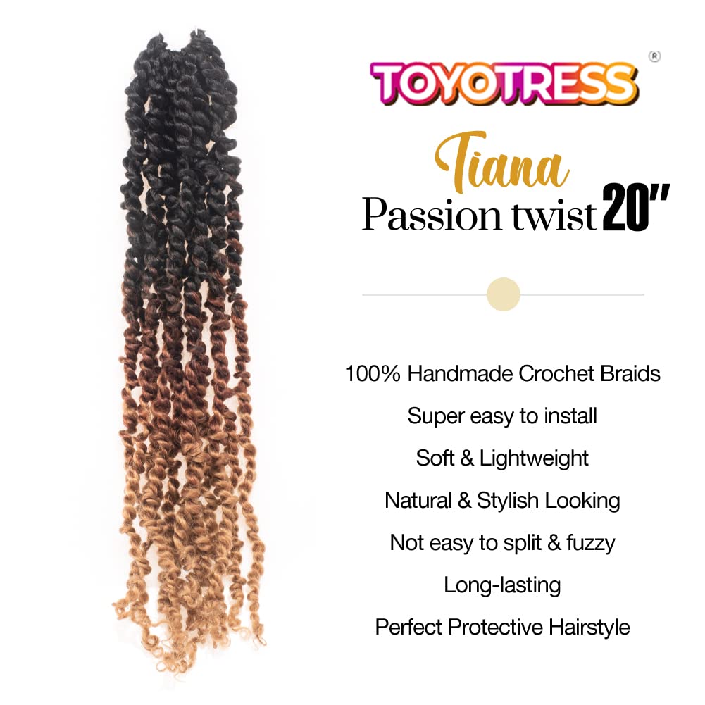 ToyoTress Tiana Passion Twist Hair - 20 Inch 8 Packs Pre-twisted Crochet Braids Ombre Brown Blonde, Long Pre-looped Synthetic Braiding Hair Extensions (20 Inch, OT30/27-8P)