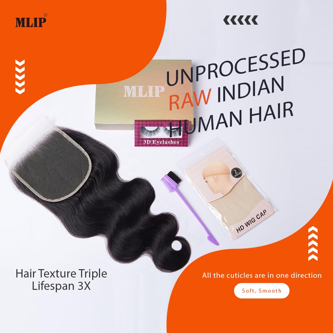 Mlip 5x5 HD Lace Closure Body Wave, 0.10mm Ultra Thin Invisible Swiss Lace, Skinlike Real HD Lace Melt into Skin Perfectly, Pre-plucked Natural Hairline, Raw Indian Human Hair 14 Inches