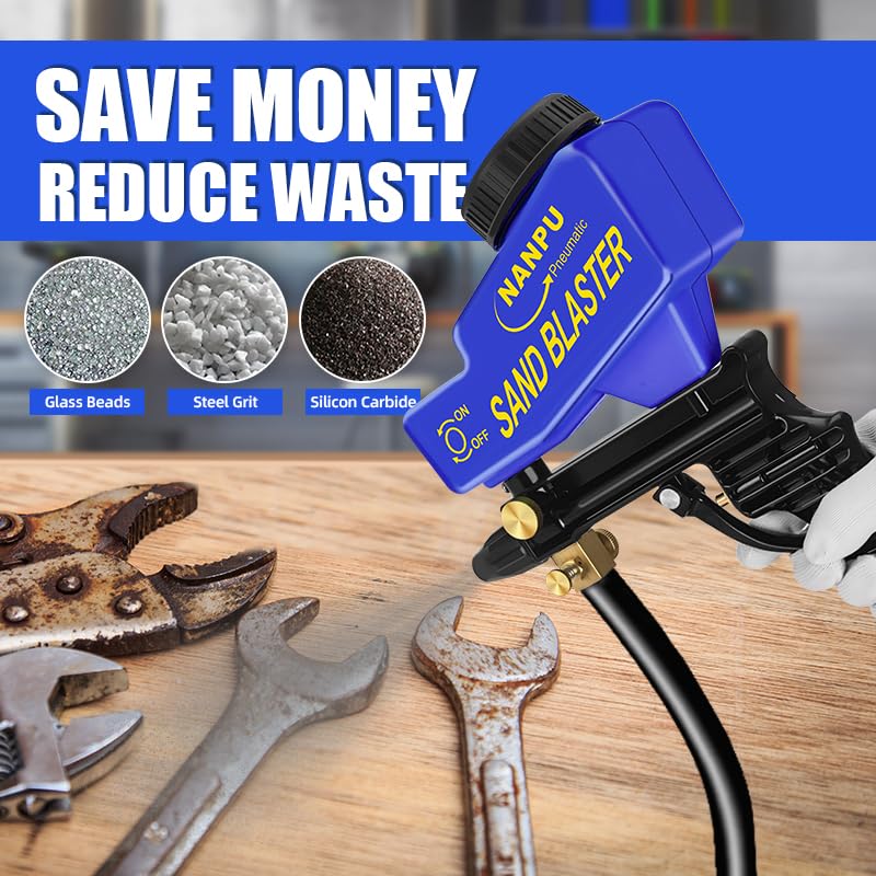 NANPU Air Sand Blaster Gun with Siphon & Gravity Feed for Air Compressor, Ceramic Nozzle, Metal Body, Paint/Rust Remover for Metal, Wood & Glass Etching, for Aluminum/Sand/Walnut Shells/Soda Blasting