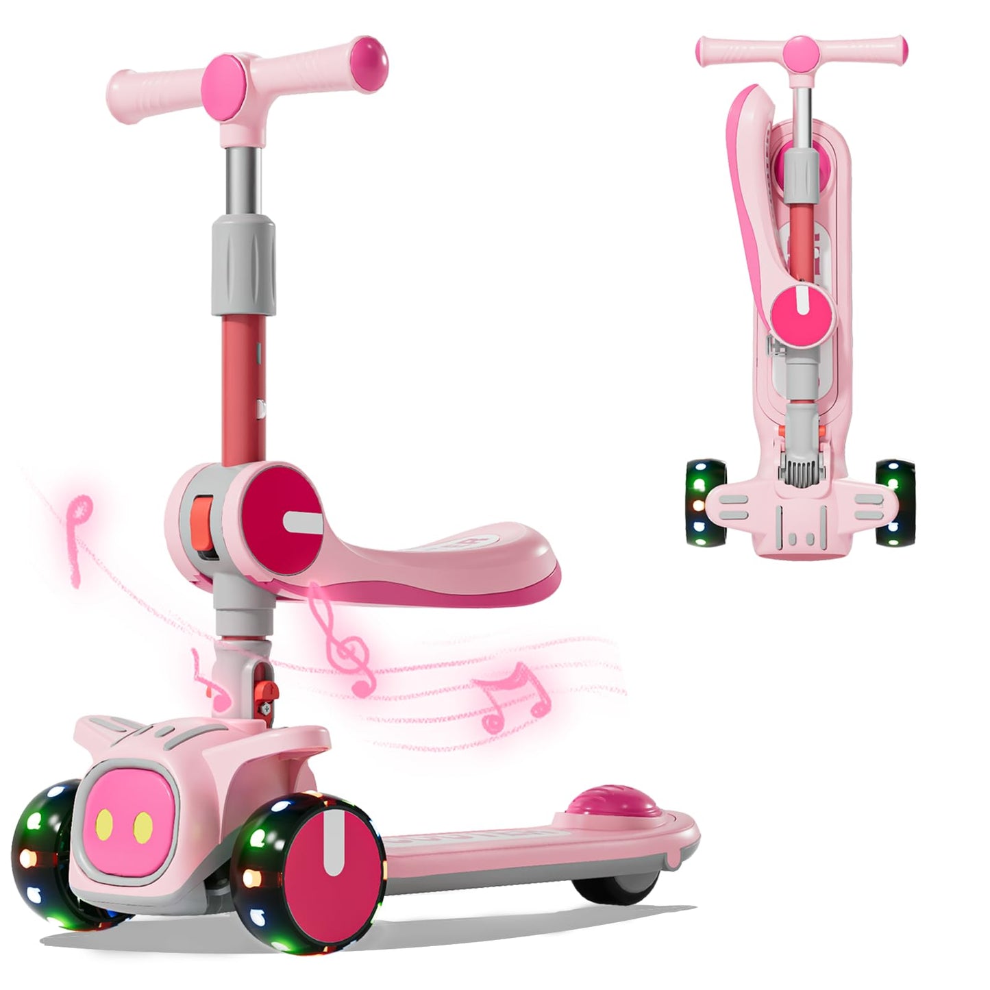 3 Wheel Scooter for Kids - Foldable & Unbreakable, 2-in-1 Kick Scooter with Music and Lights, Adjustable Height, Wide Deck, Flashing Wheel Lights, Easy for Beginner Toddlers Aged 3-8