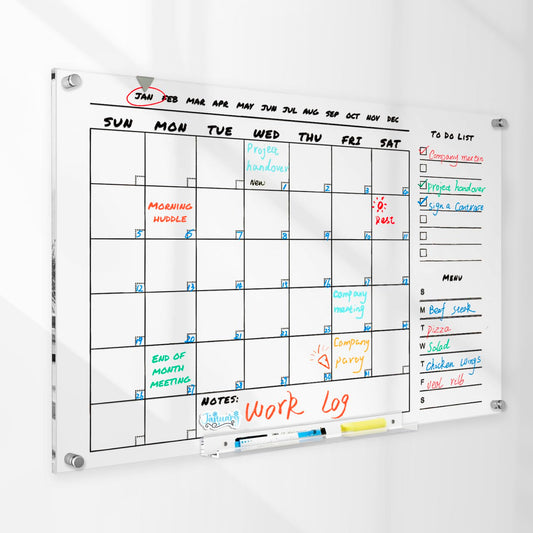 Acrylic Wall Calendar For Wall – 24” x 18” Dry Erase Calendar Board, Clear Monthly Planner for Wall with Tray, Chalk Markers, Eraser & Reusable Notes – Perfect for Home, Office, Kitchen & Classroom