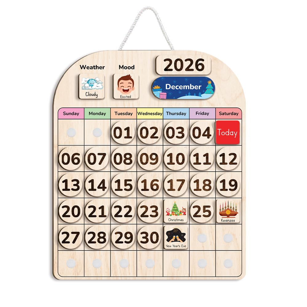 TinyKidz Wooden Calendar for Kids, Preschool Toddler Calendar Learning at Home and Classroom Teaching, Hanging Calendars for Kids, Months and Days of The Year