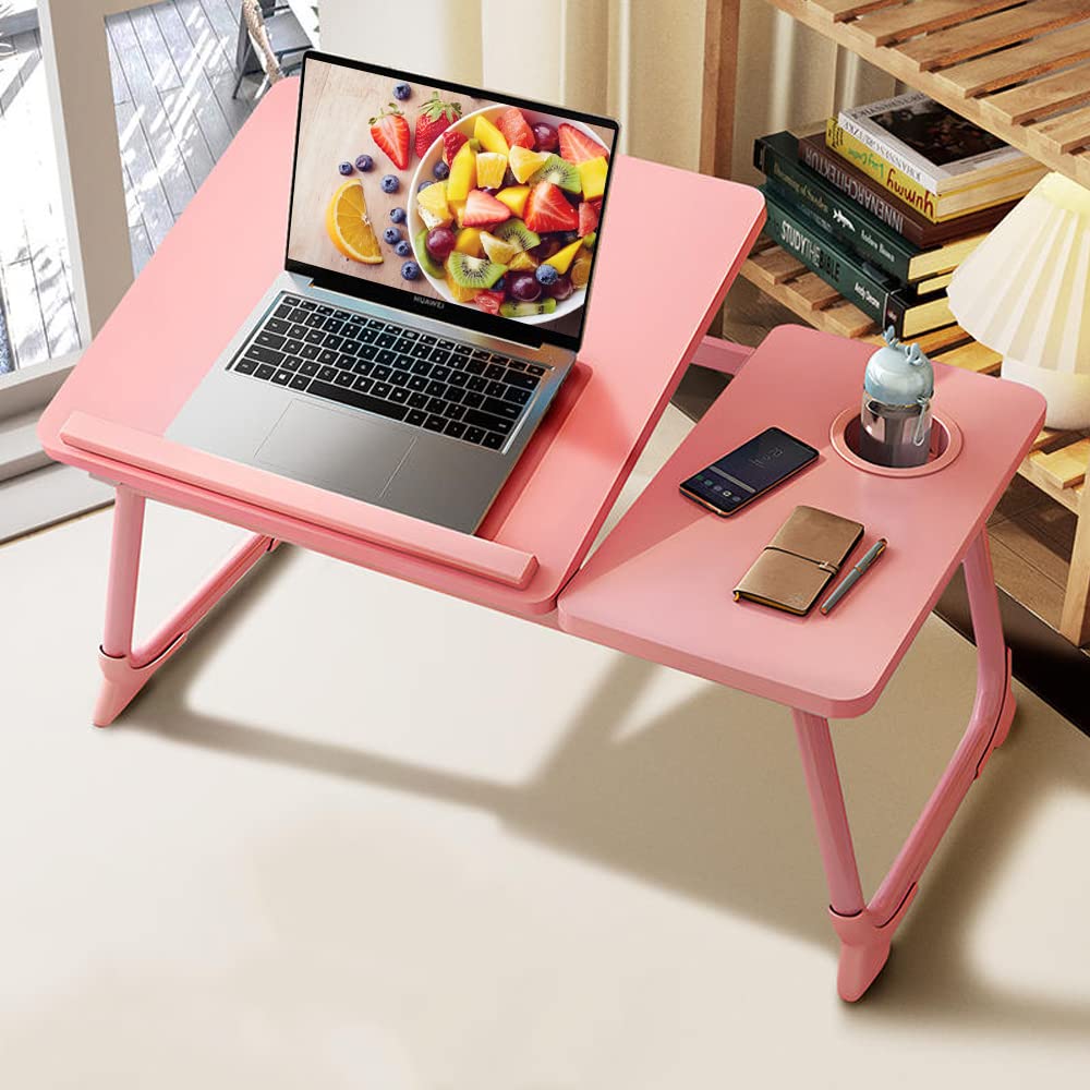 Laptop Desk for Bed,Asltoy Laptop Bed Tray Table,Foldable Lap Desk Stand Notebook Desk Adjustable Laptop Table for Bed Portable Notebook Bed Tray Lap Tablet with Cup Holder (Pink)
