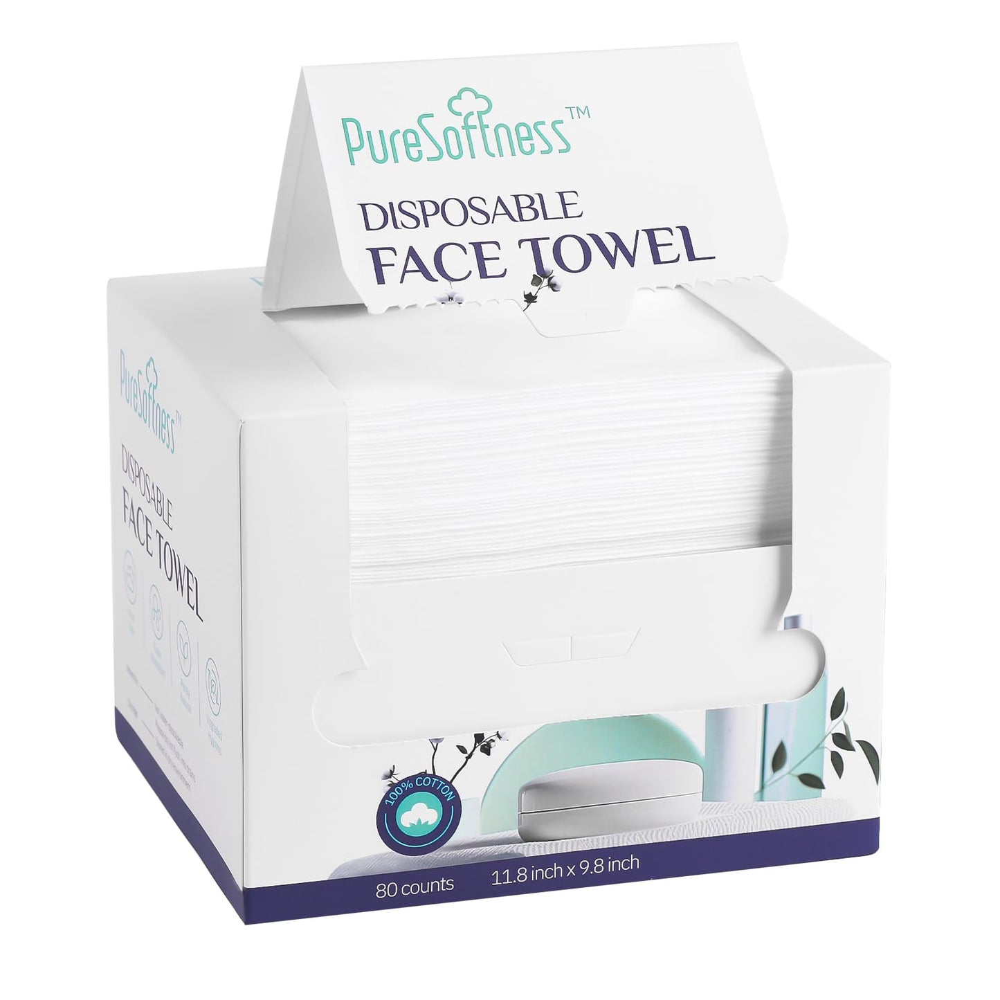 PureSoftness Disposable Face Towel, 100% Cotton, Extra Large 12" x 10", Soft Dry Wipe Face Wash, Makeup Remover, Biodegradable Towelette for Sensitive Skin 320 Count (4 Pack)