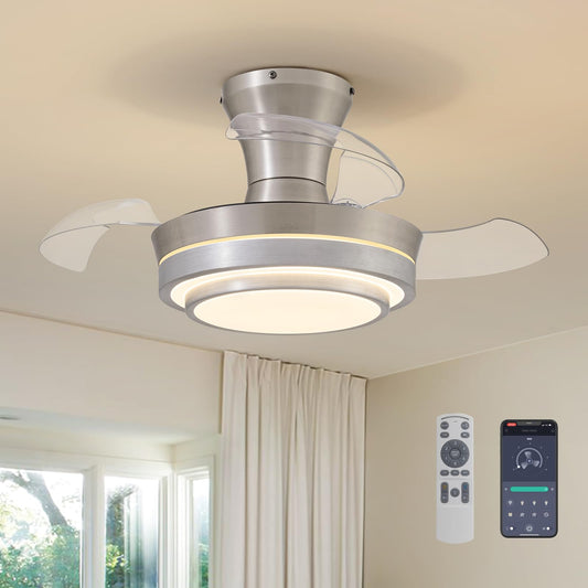 APBEAMLighting Retractable Small Led Ceiling Fan with Light and Remote 28 Inch Low Profile Brushed Nickle Modern Fandelier for Bedroom Living Room Dimmable 6 Speed Reversible Smart Ceiling Fan