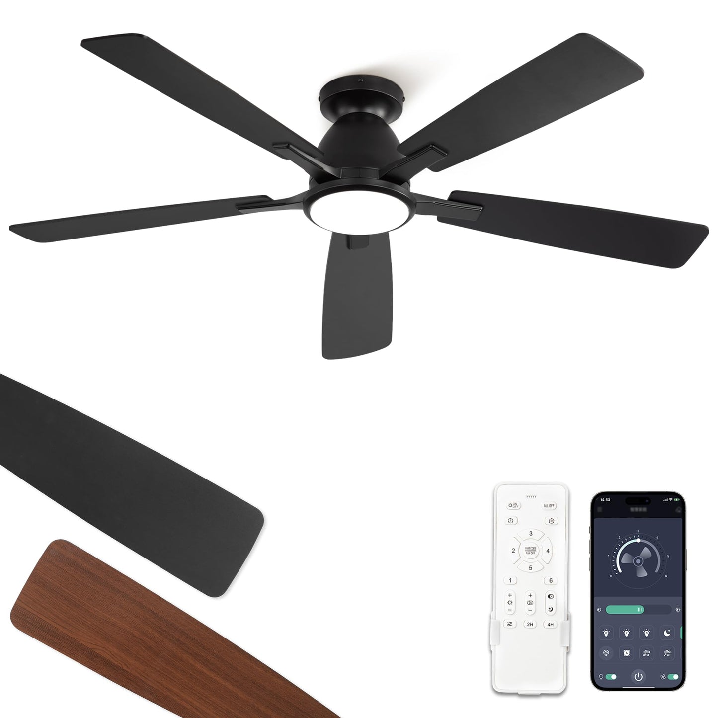 Fanbulous 52 inch Ceiling Fans with Lights, Smart Flush Mount Ceiling Fan and Remote APP, Modern Low Profile, 3CCT 20W LED with 6-Speeds Quiet Reversible Motor for Bedroom, Living Room, Kitchen, Black