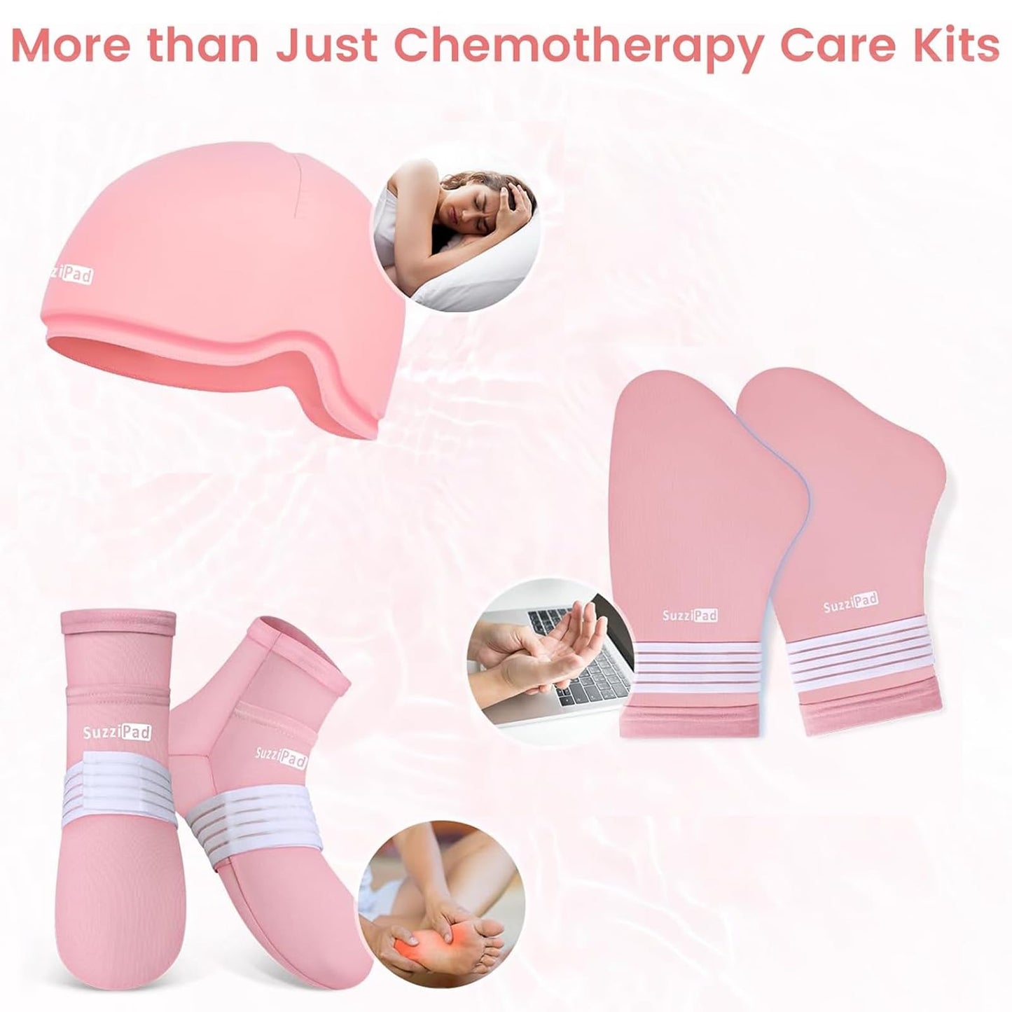 SuzziPad Cold Therapy Socks and Hand Ice Pack, Cooling Gloves for Chemotherapy Neuropathy, Strees Relief Caps, Chemo Care Package for Women and Men, Ideal for discomfort of Head, Hand and Feet, L