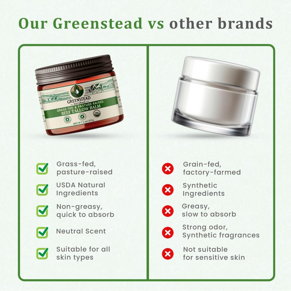 Greenstead Naturals Grass Fed Beef Tallow for Skin – USDA-certified Organic Whipped Tallow Balm For Face and Body with Jojoba Oil and Cocoa Butter – Unscented and Herb-Infused – 2 oz