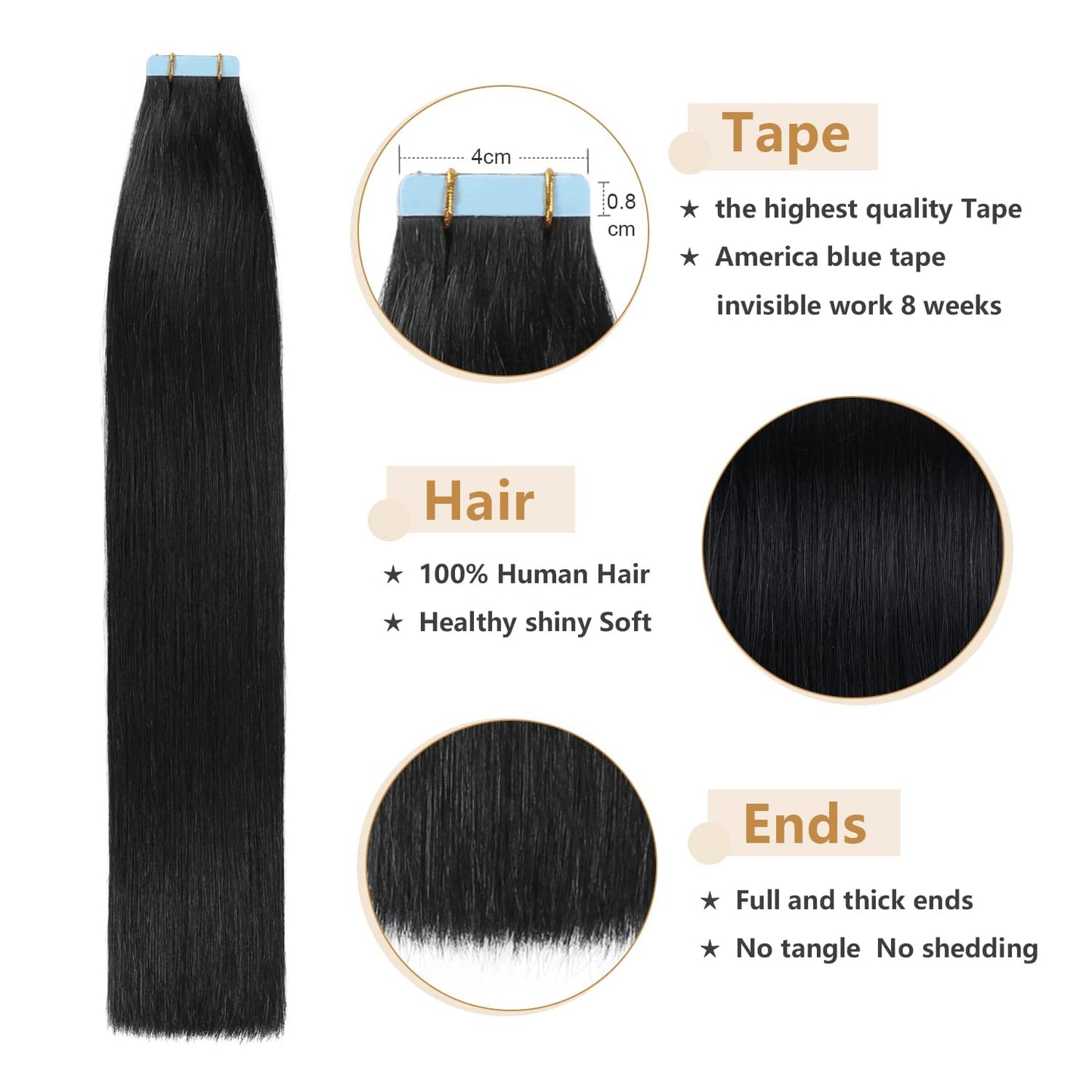 YILITE Tape In Hair Extensions Human Hair #1 Jet Black 20inch Invisible Tape in Hair Extensions Straight Seamless Skin Weft Human Hair Tape In Extensions 20pcs 50g