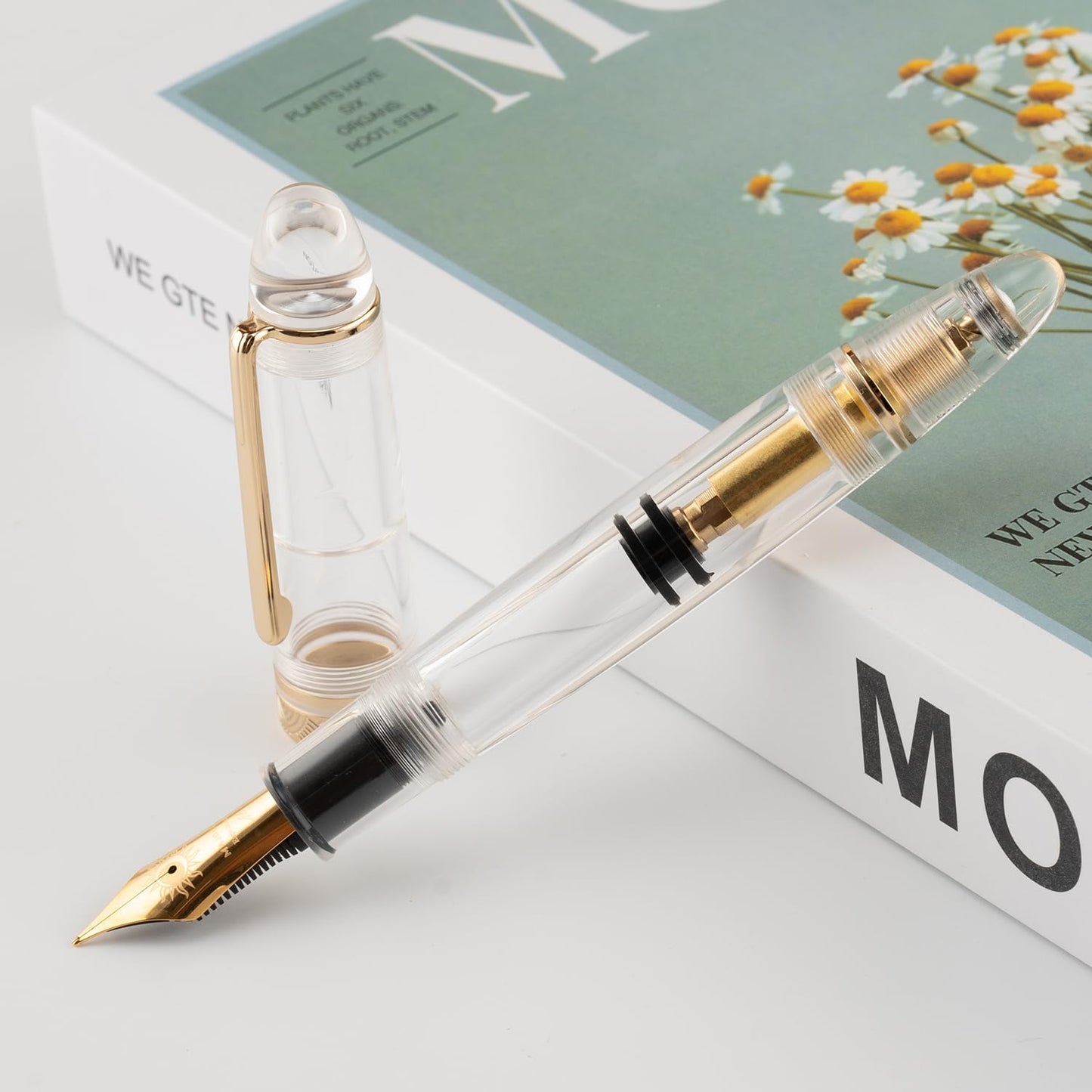 erofa Majohn P140 Piston Fountain Pen NO.8 Fine Nib, Large Capacity Transparent White Acrylic Writing Gift Pen with Box