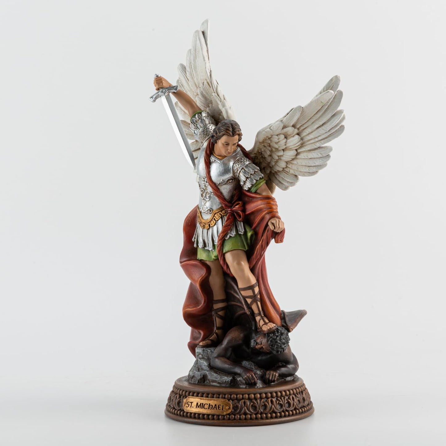 DevotedWalls St Michael The Archangel Painted in Full Color,12" H San Miguel The Great Protector Archangel Statue with Wings,St. Archangel Michael Defecting with Satan on Base with Name Plate