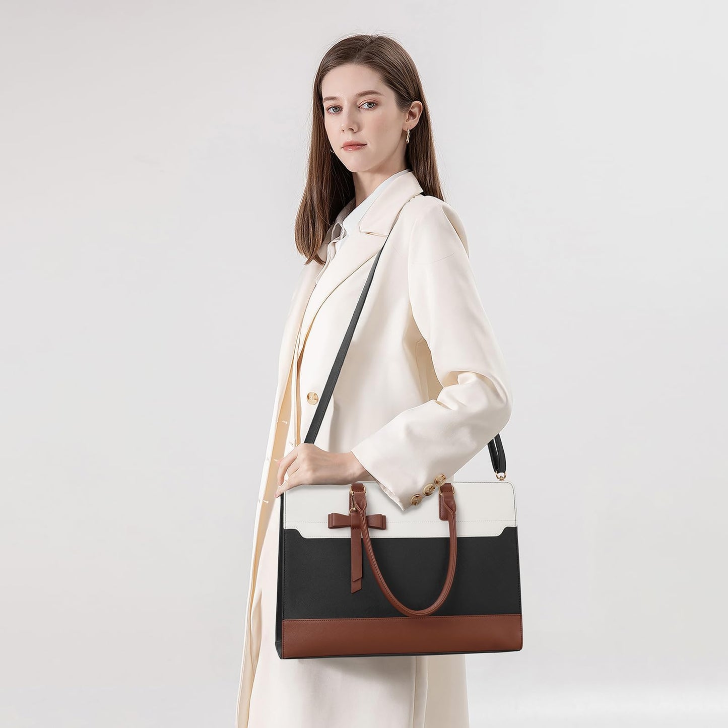 Keyli 3pc Sets Laptop Bag Work Bags for Women,15.6 Inch Laptop Tote Bag Purses Waterproof Vegan Leather Computer Briefcase Professional Business Shoulder Handbags for Teacher Office Travel White Brown