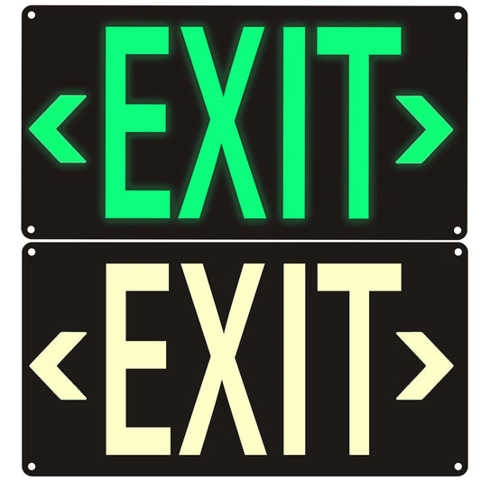 (2 Pack) Photoluminescent Exit Sign Black - Aluminum -14 x 7.5 x 0.04 Sign,With Removable Directional Arrows, With Strong Self Adhesive Tape.