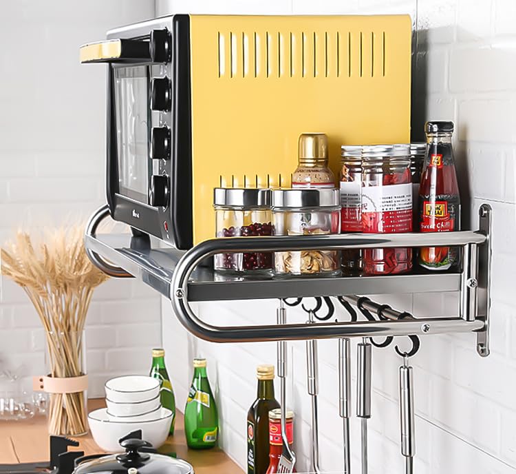 NAWESRVA Stainless Steel Microwave Wall Mount Shelf with 6 Hooks - 66 lbs Capacity, 21x15 Inches, Easy Install, Space-Saving Organizer for Home and Kitchen