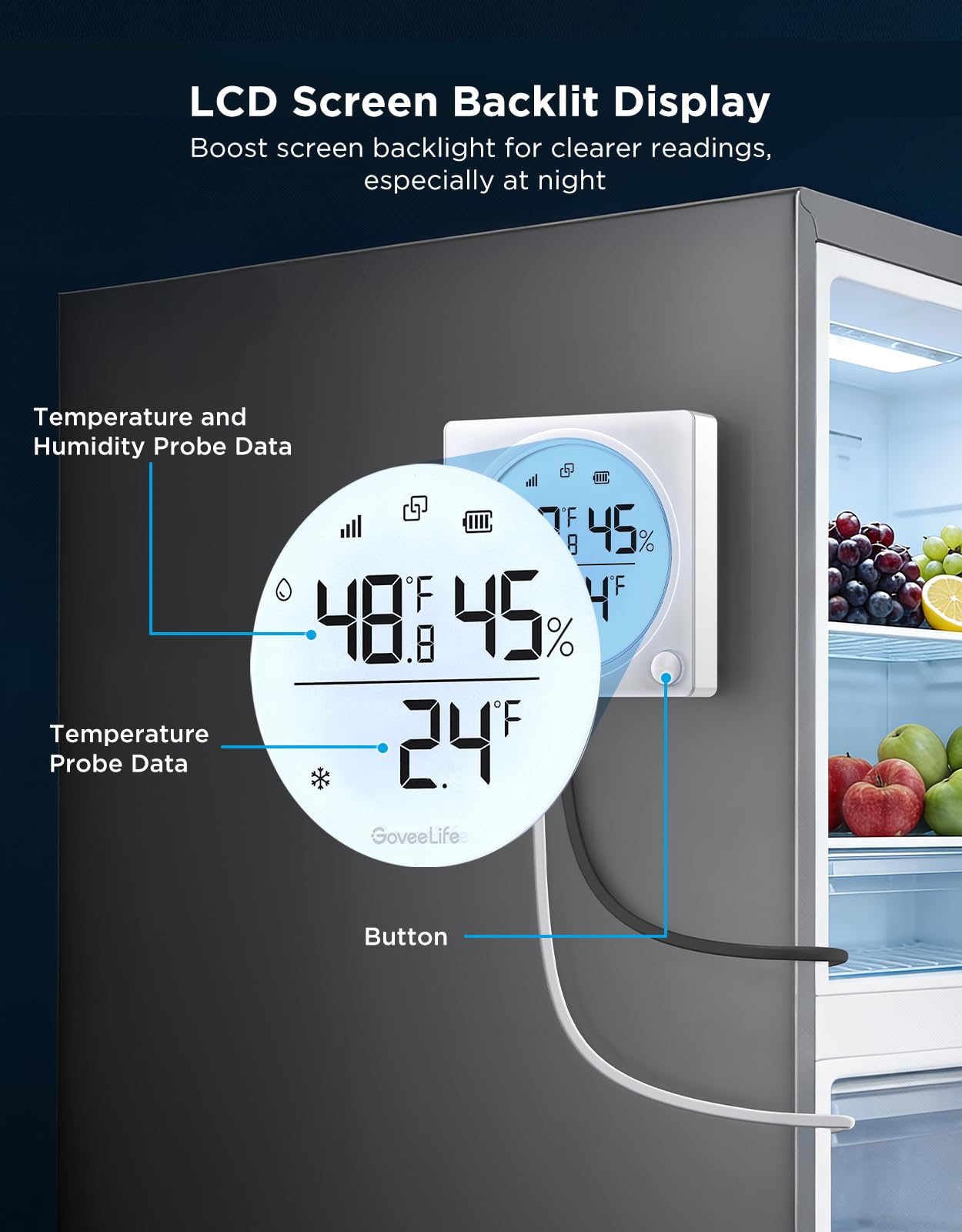 GoveeLife 2.0 WiFi Refrigerator Thermometer with Dual Probes, 1840ft Ultra-Long Range, Temperature & Humidity, Large LCD Display, Freezer Alarm, App Notification for Fridge, Kitchen, Farming