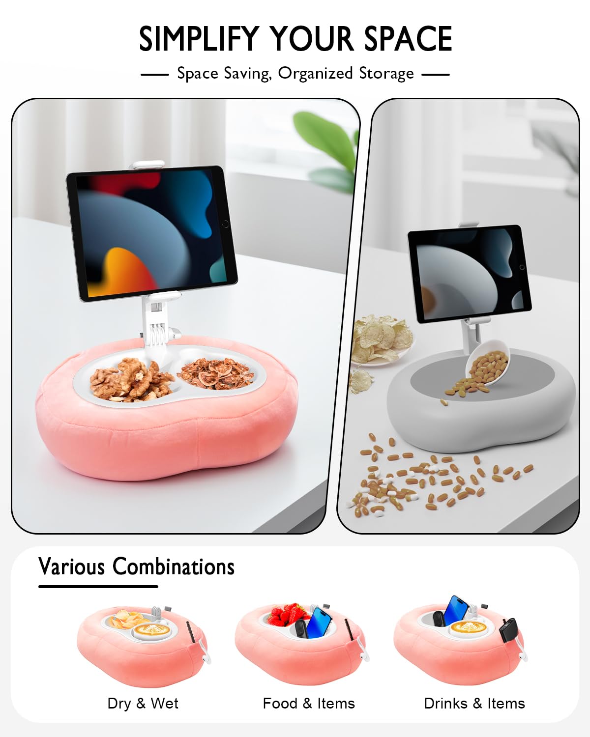 Tablet Pillow Stand, Compatible with 5"-12.9" Kindle, iPad, Phone/Tablet, Google, Samsung, 360° Rotating Phone Holder for Bed, Soft Plush Fabric, Detachable Bowl, Reading and Relaxation on Bed, Pink