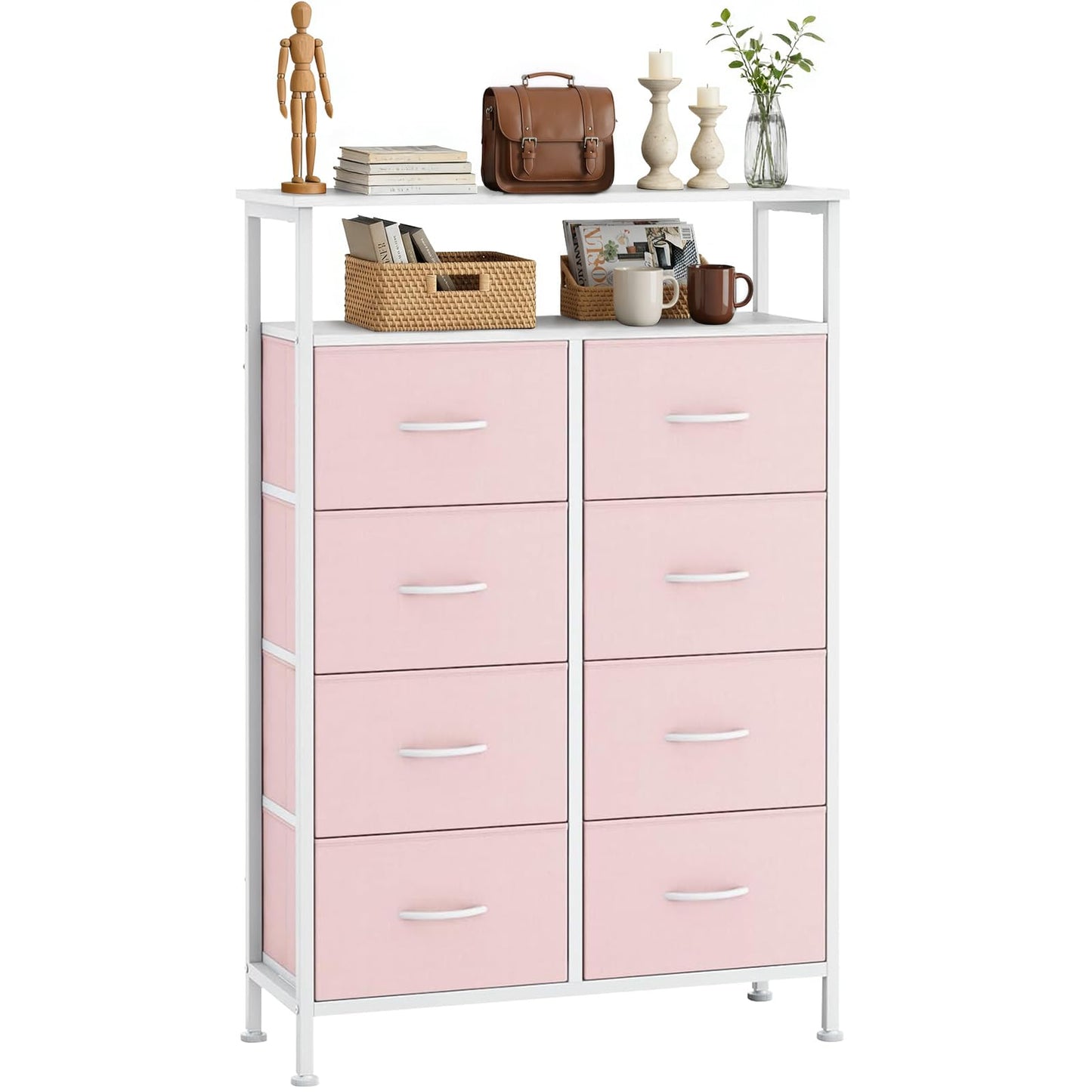 SageNest 8 Drawers Dresser with Open Shelf, 46" Tall Storage Organizer Chest of Drawer with Wooden Top, Sturdy Metal Frame for Bedroom, Hallway, Living Room, Pink