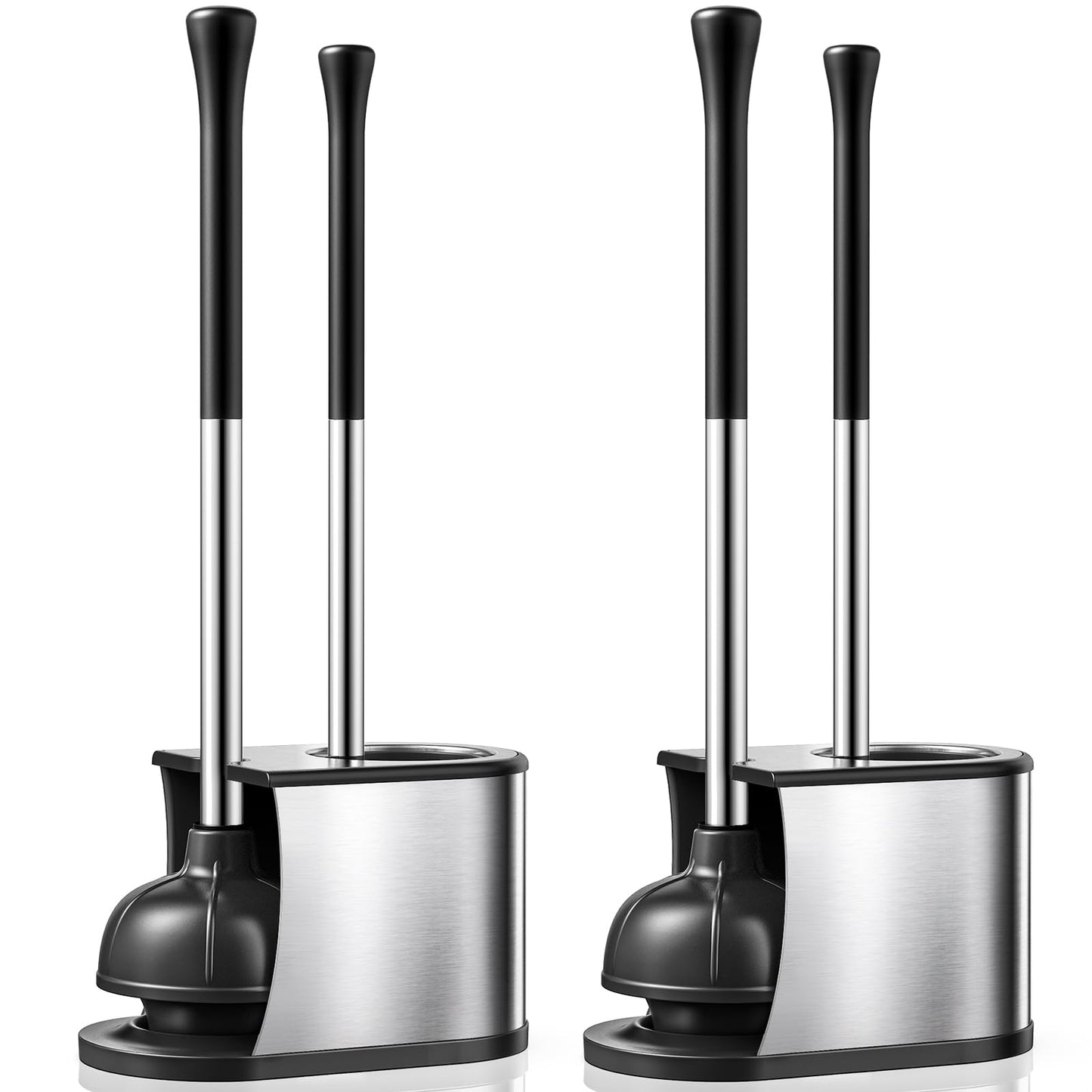 HAMITOR Toilet Plunger and Brush Set: 2 Pack 2 in 1 Stainless Steel Rustproof Combo with Curved Bristles - Heavy Duty Toilet Unclogging for Family Bathroom - Compact Apartment Cleaning Accessories