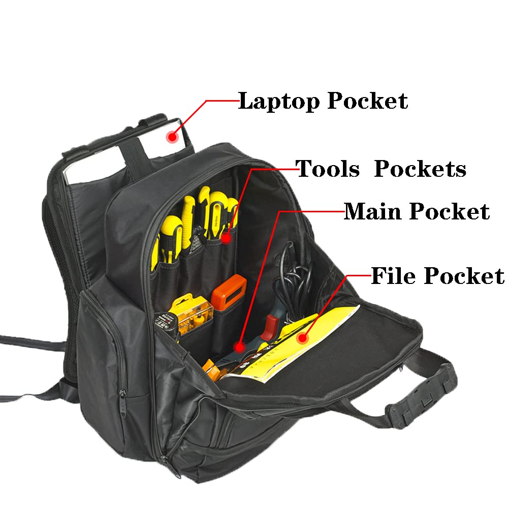 FASITE Tool Backpack bag, Heavy Duty Tool Organizer for Electrician/Contractor/Plumber/HVAC, Large Front Flap & Laptop Compartment (Fits 15" Laptop), Professional Storage for Men & Women, Black