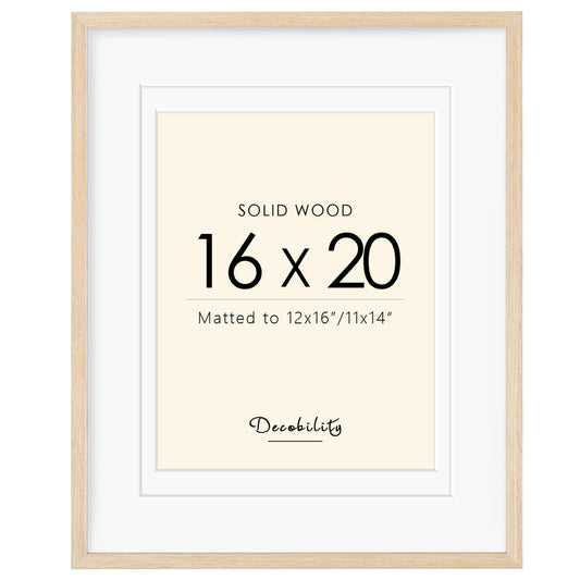 Decobility 16x20 Picture Frames Matted for 11x14 and 12x16 Picture, Solid Wood with Oak Wood Grain, Double Mats Photo Frame with Plexiglass Fits 3 sizes, Tabletop or Wall Mounting Display, Oak