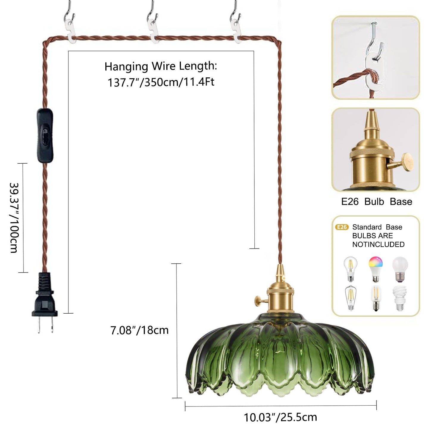 XZHGCEE Plug in Pendant Light Fixtures: Hanging Lamp Plug in Green Glass Pendant Lamp, Hanging Light for Kitchen Island, Bedroom, Dining Room, Living Room, E26 No Bulb