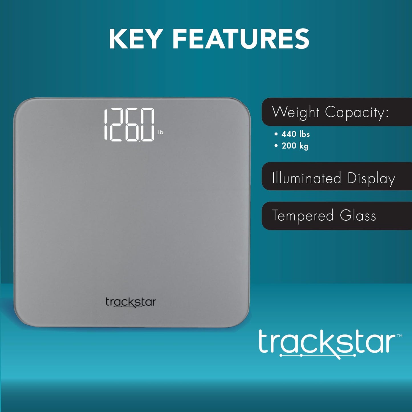 Trackstar Silver Digital Weight Scale | 440 lb Weight Capacity | Trackstar Monitoring App | Bluetooth iOS & Android Compatible | Measure, Track, and Share Results