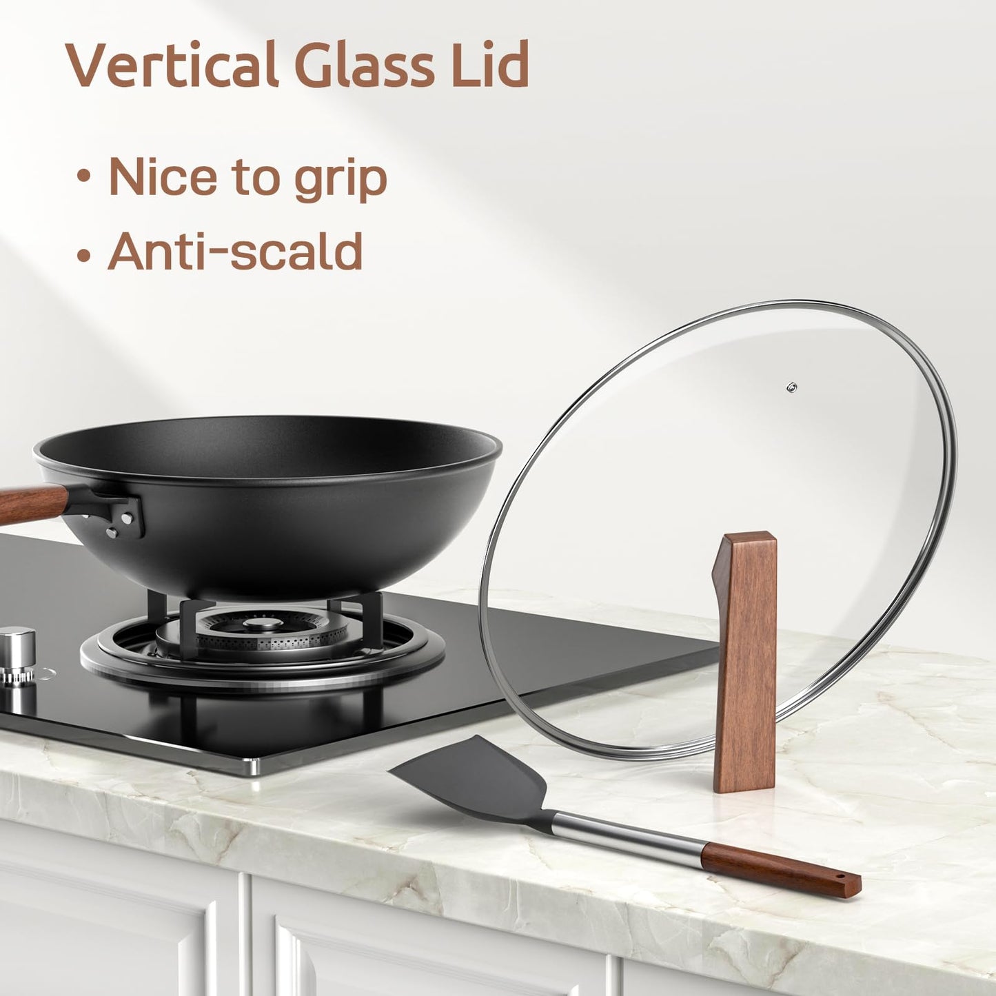 Todlabe Carbon Steel Wok - Including Glass Cover and Silicone Spatula, 13-Inch Woks & Stir-Fry Pans for Induction, Electric, Gas Stoves