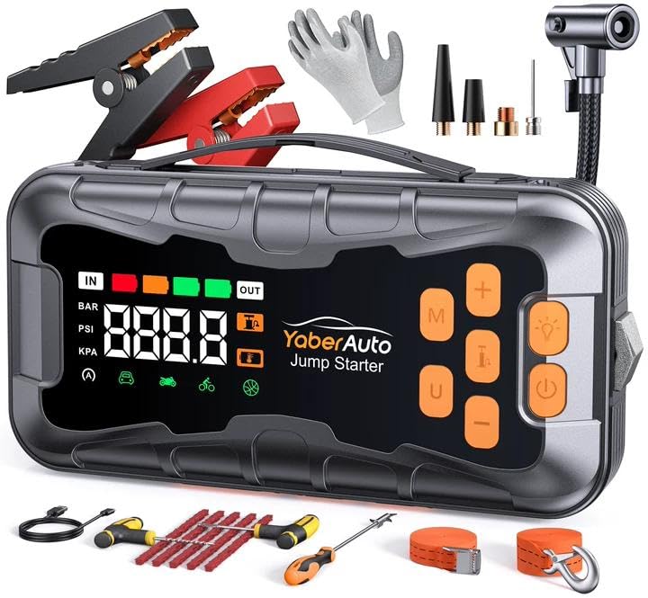 YaberAuto 16-in-1 Jump Starter with Air Compressor 8000A 160PSI Car Battery Jump Starter (All Gas/14L Diesel) 12V Jump Box Car Battery Jumper Starter Portable Jumper Cables, Emergency Tool Kit, Gloves