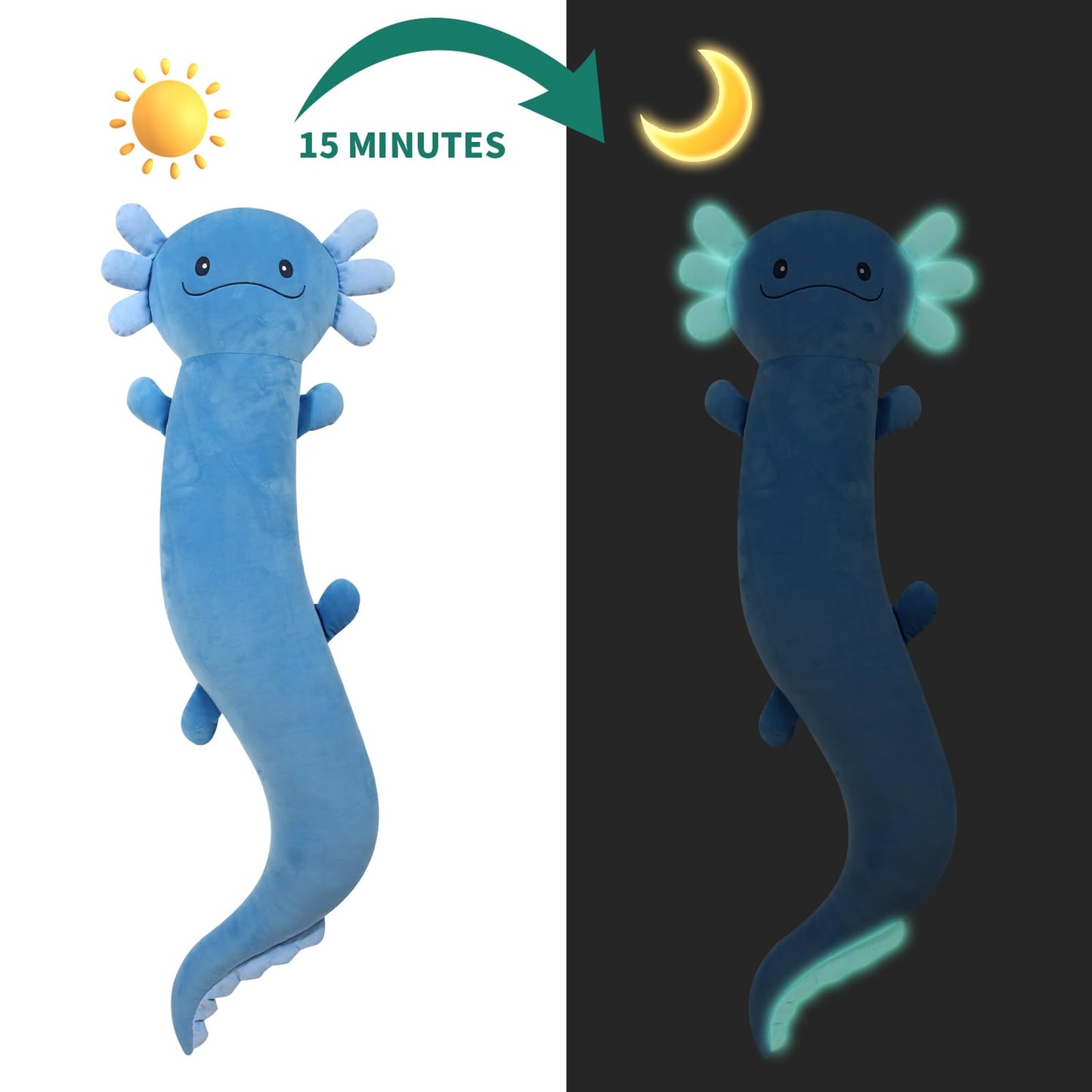 48 inch Giant Axolotl Plush Stuffed Animal, Big Blue Axolotl Glow in The Dark Fluorescent Plushies, Jumbo Salamander Body Pillow Gifts for Kids Adults, Birthday