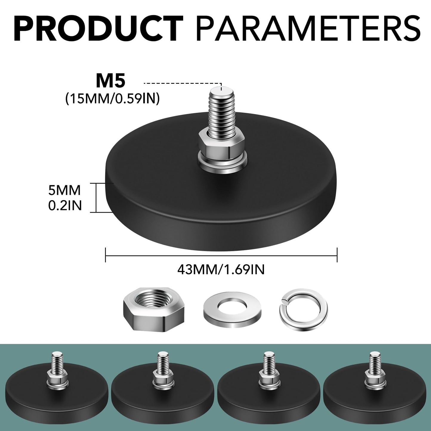 24Pack Rubber Coated Magnets, 30LBS Rubber Coated Neodymium Magnets with M5 Magnetic Assembly Base for Light Bar Mirror Camera Tool(1.69 Inch) ", since the Item received has an M5 thread.
