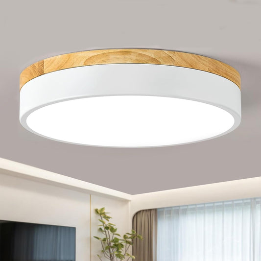 Dimmable Modern Wood Ceiling Light, White LED 5CCT 2700K-6000K Flush Mount Ceiling Lighting Fixture, Round Light Fixtures for Kitchen Entryway Hallway Bedroom Laundry Room-11.8in