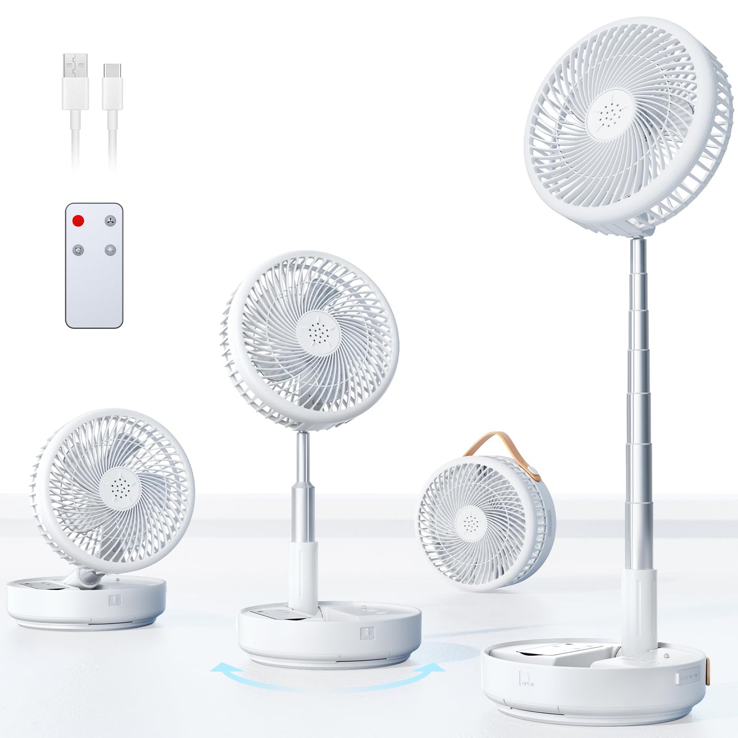 Primelove Portable Oscillating Travel Fan, 10400mAh Battery Operated Rechargeable USB Floor Table Desk Fan with Remote, 4 Speed Settings Pedestal Fan for Home Bedroom Office Camping, White,8"