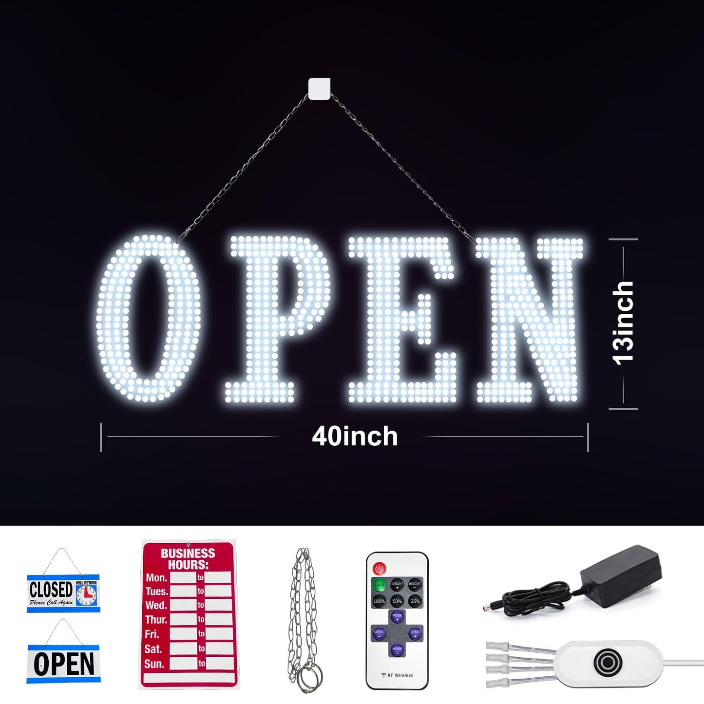 Flashing LED Open Signs for Business, 40" x 14" Super Bright Light Up Open Sign with Remote, Flashing with 14 Scene Modes for Hanging Behind Storefront Windows