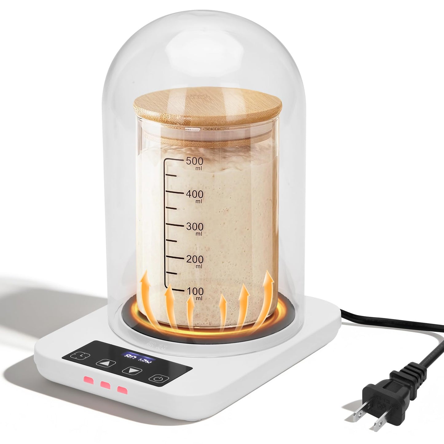 Sourdough Starter Warmer with Glass Dome, Precise 1°F Thermostat Control (70-100°F), Sourdough Warmer and Dome for Home Baking,24h Timer Auto Warming On/Off Sourdough Warming Mat（White）