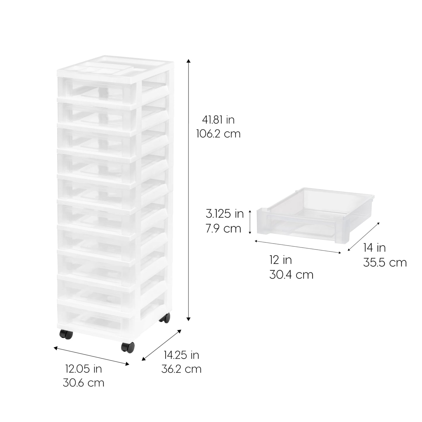 IRIS USA Plastic Drawer Storage Organizer Rolling Cart, with Wheels Casters, 10-Drawers, for Classroom Art Craft Supplies Dresser Closet Bathroom Laundry Room, White/Clear