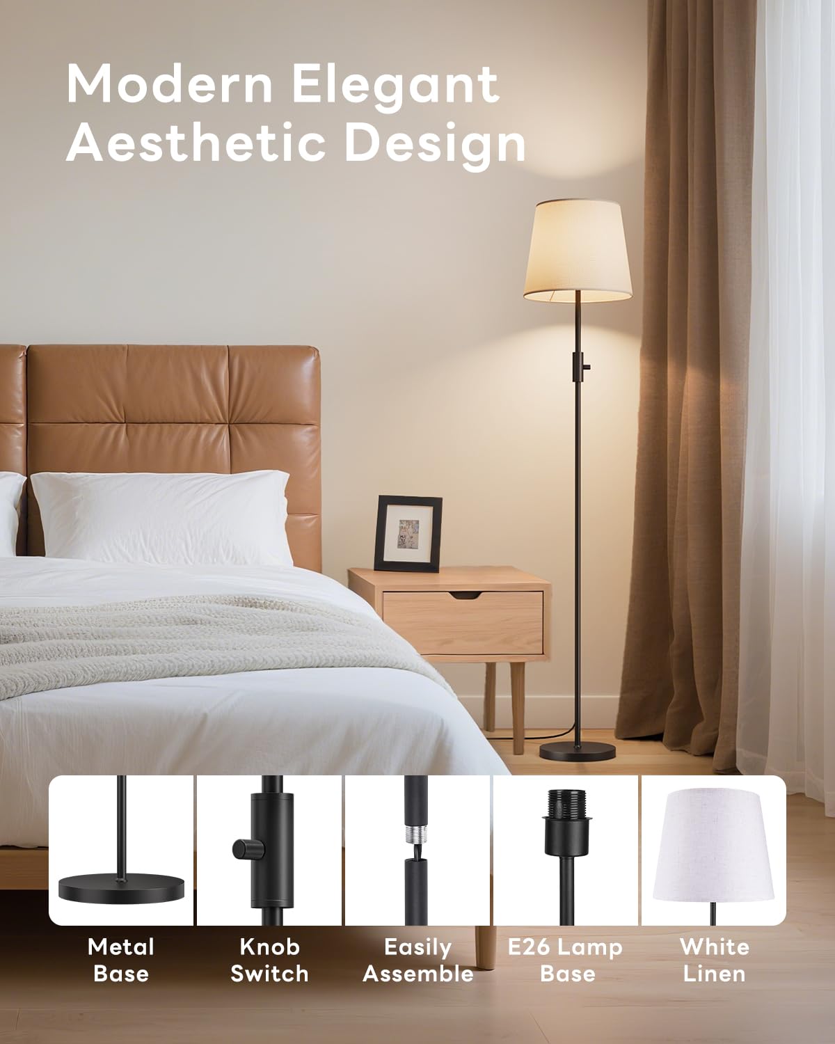VARICART Smart LED Floor Lamp for Living Room, 62" Tall Lamp with App & Alexa Voice Control, RGB + 2700K-6000K Tunable White, 10W 1200lm 1%-100% Dimmable, Linen Shade, No Registration Required, Black