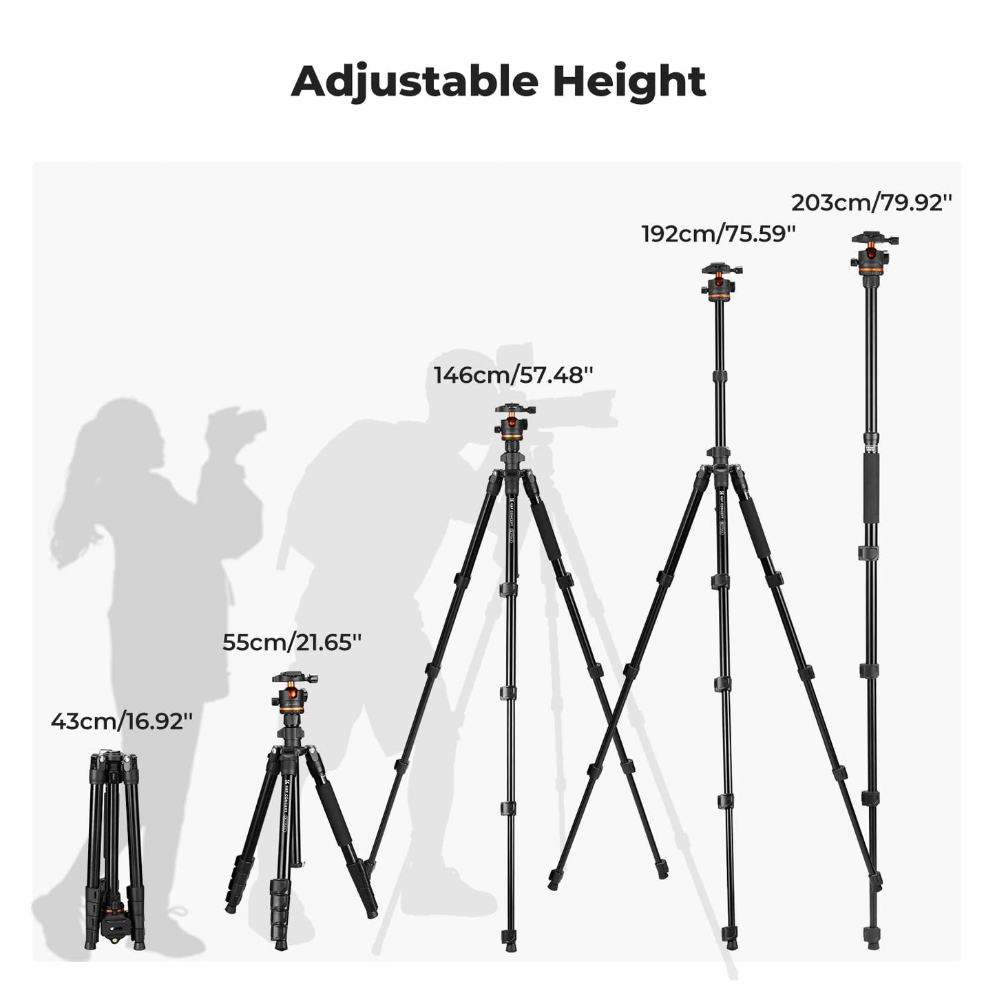 K&F Concept 75.6 inch/192cm Camera Tripod, Heavy Duty DSLR Tripods with 360 Degree Ball Head Load Capacity 8kg/17.6lbs, Detachable Monopod, Cellphone Clip for Smartphone O275A5+BH-36