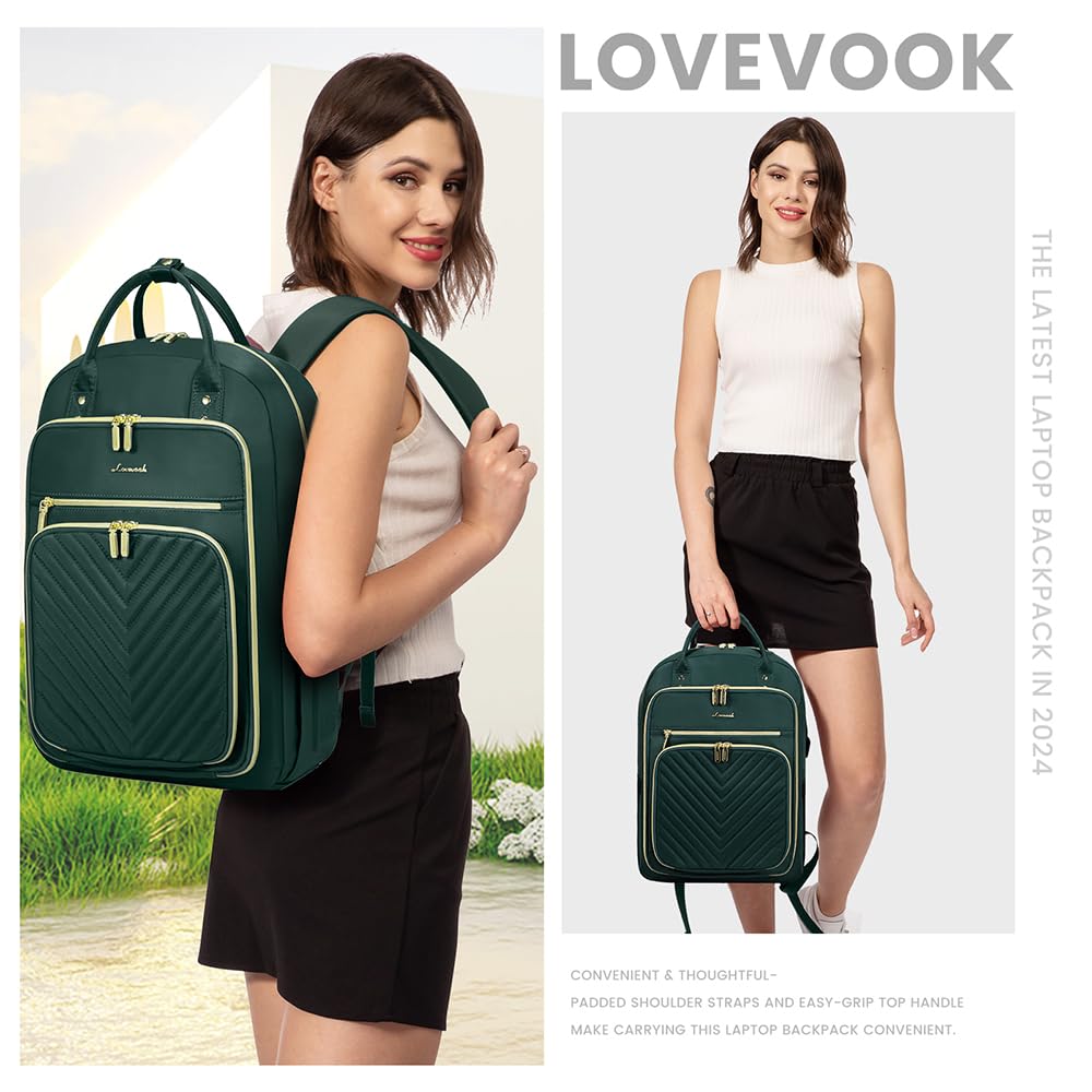 LOVEVOOK Laptop Backpack for Women, Water Resistant Travel Work Backpacks Purse Stylish Business Teacher Nurse Computer Bag with USB Charging Port,Dark Green