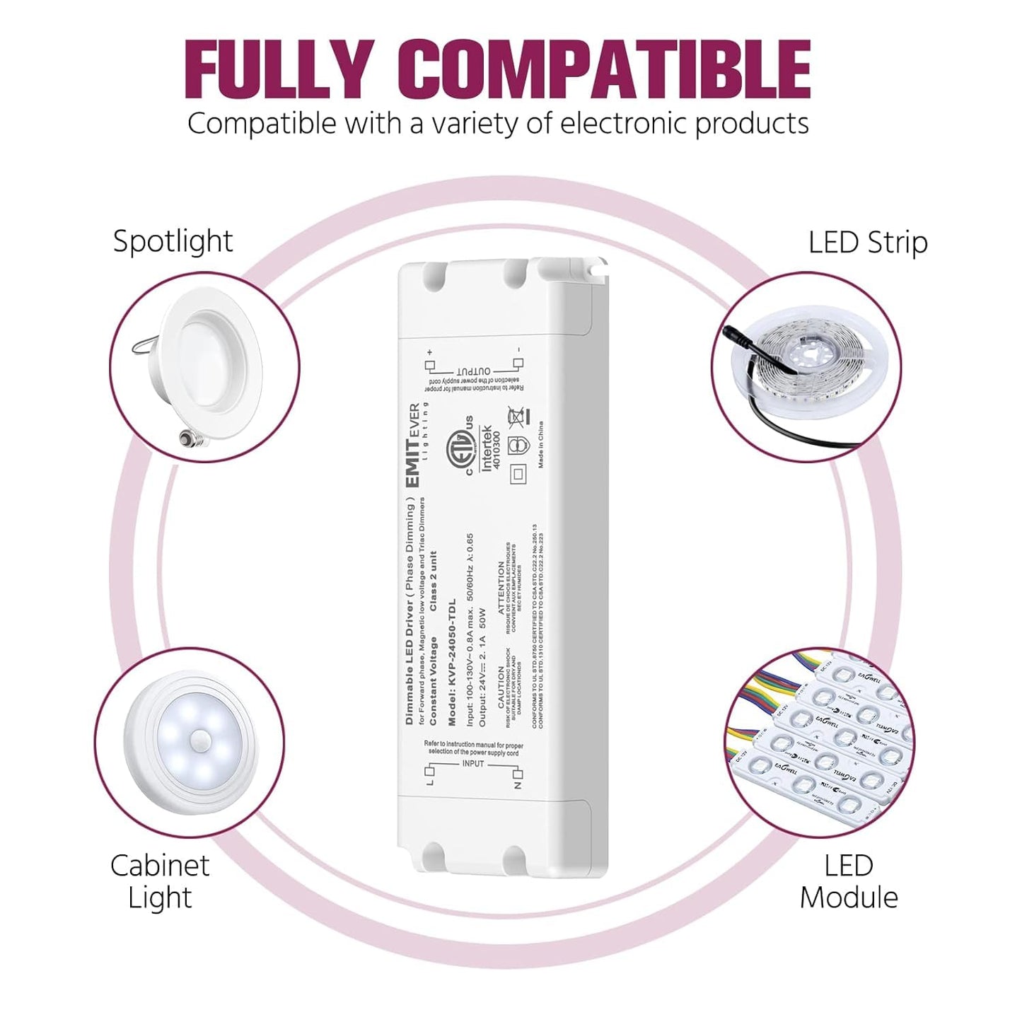 EMITEVER Triac Dimmable Driver,2 Packs 50W Power Supply,AC 120V to DC 24V Transformer,Compatible with Lutron and Leviton Dimmers,for LED Lighting,Class 2,ETL Certified