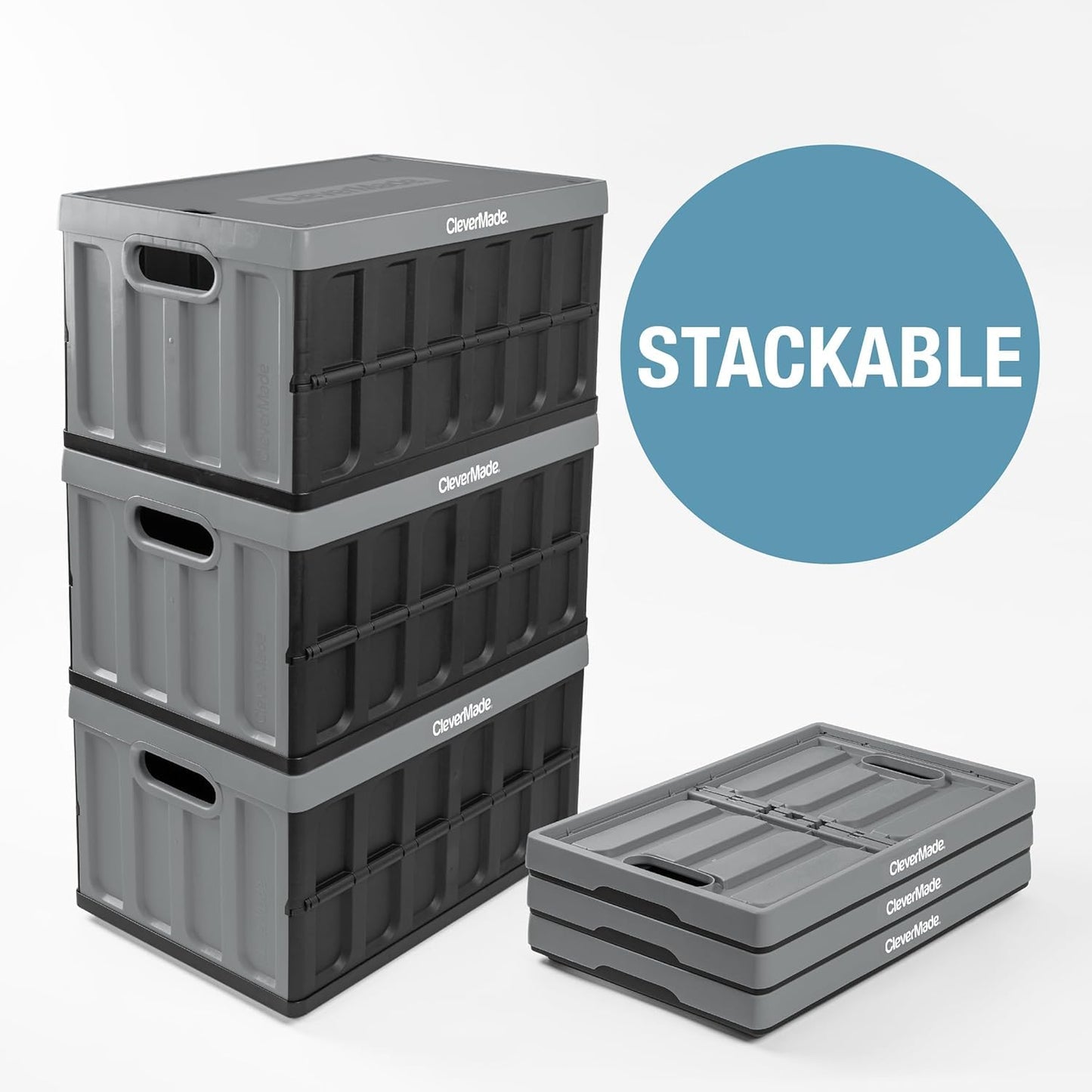 CleverMade Collapsible Storage Bins with Lids (62L, 3 Pack) – Heavy Duty Foldable Plastic Storage Crates for Garage, Closet & Trunk Organization - Stone