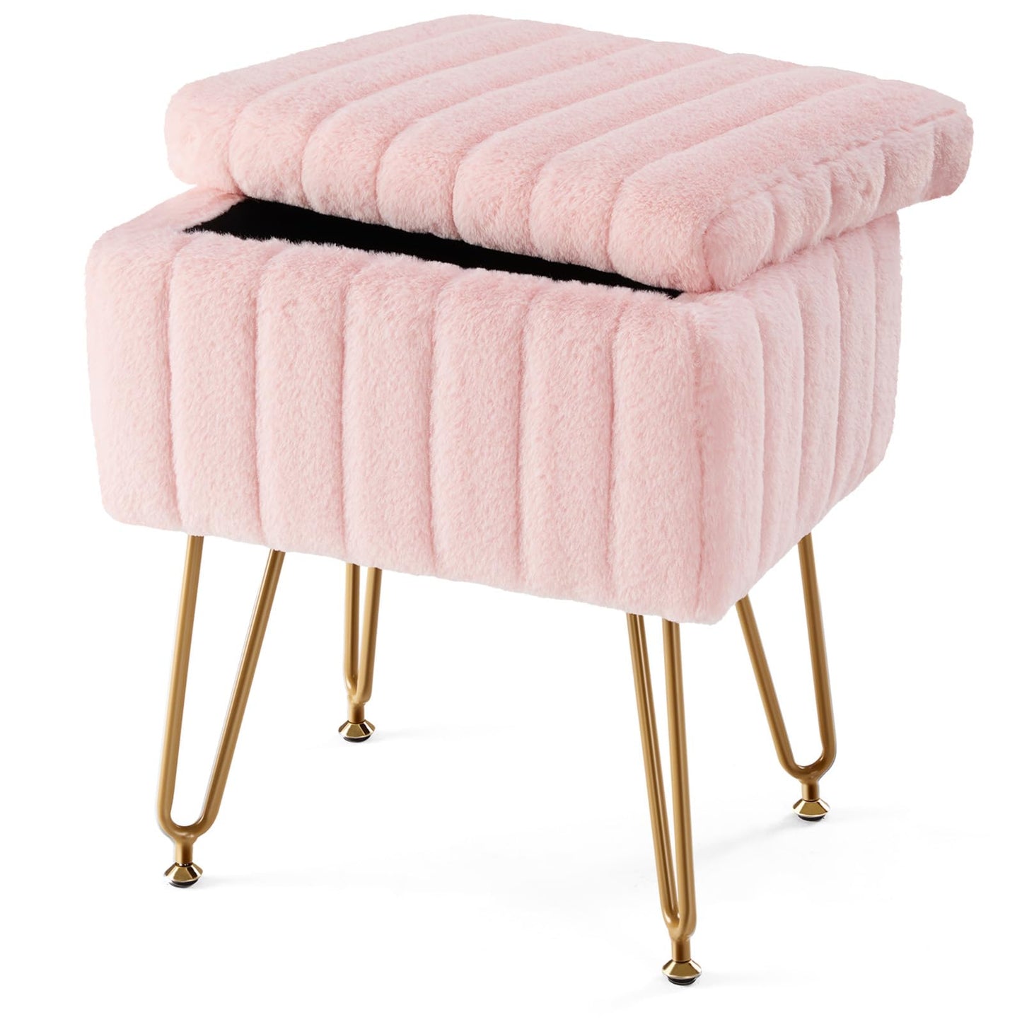 Sweetcrispy Vanity Stool Chair with Storage, 18.9”H x 16”L x 12.2”W Ottoman Chair Faux Fur Soft Padded Makeup Footstools Seat with 4 Metal Legs Anti-Slip Adjustable Feet for Make Up, Pink