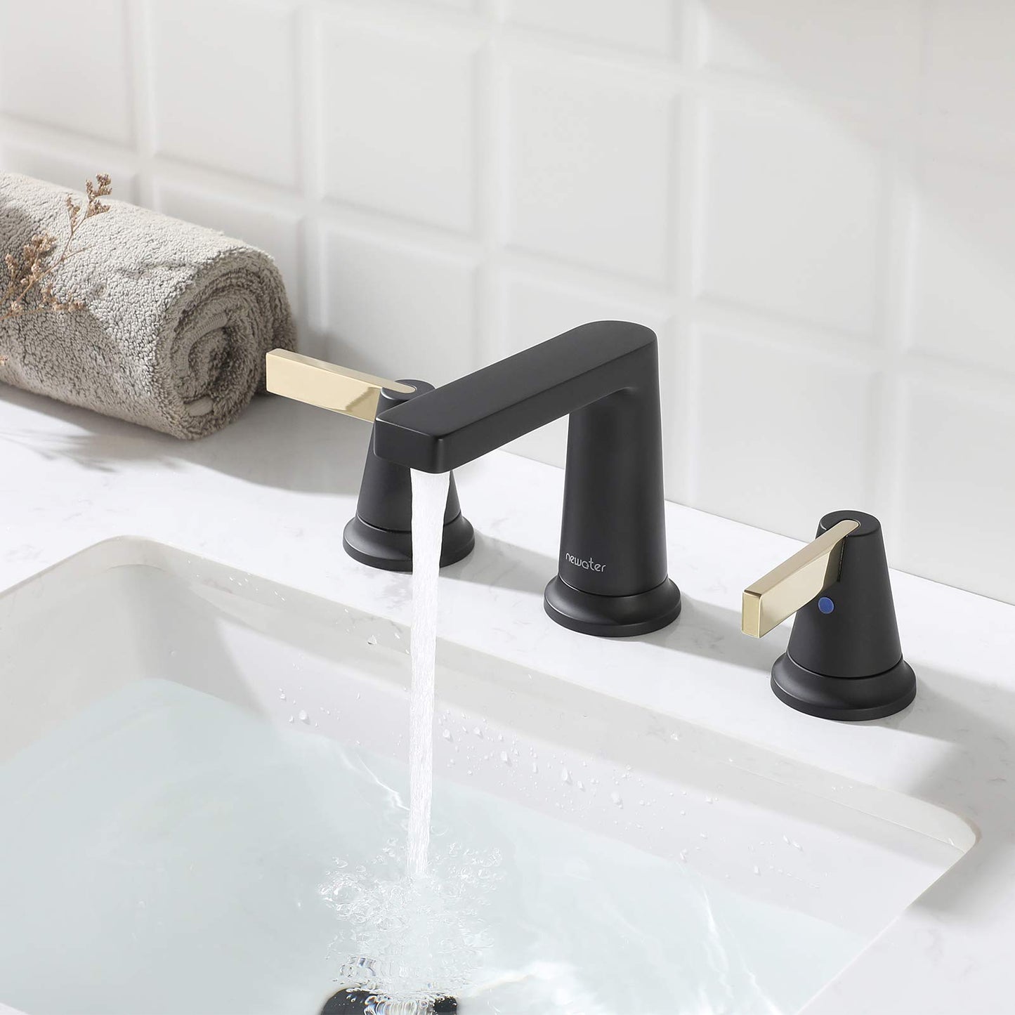 NEWATER Matte Black Brass Bathroom Faucet，2-Handle 8-Inch Widespread Modern Bath Black Bathroom Sink Faucet 3-Hole Rv 8" Vanity Faucets with Metal Pop-up Sink Drain & Faucet Supply Lines