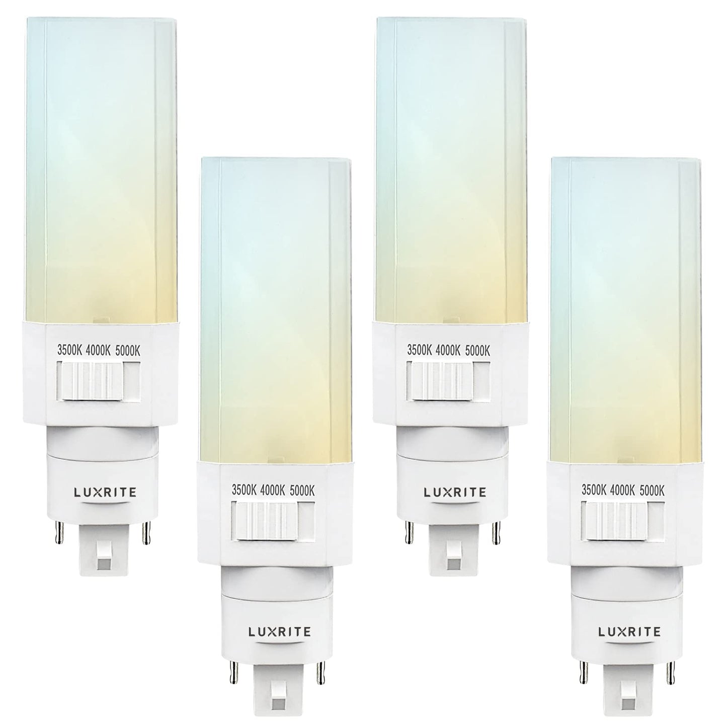 Luxrite Horizontal PL LED CFL Replacement, 11W, Ballast Bypass, Fits G24D G24Q GX24Q, 3 Color Selectable 3500K-5000K, 1450 Lumens, Rotatable, Replace 26W/32W/42W CFL 2 Pin and 4 Pin Base Bulb (4 Pack)