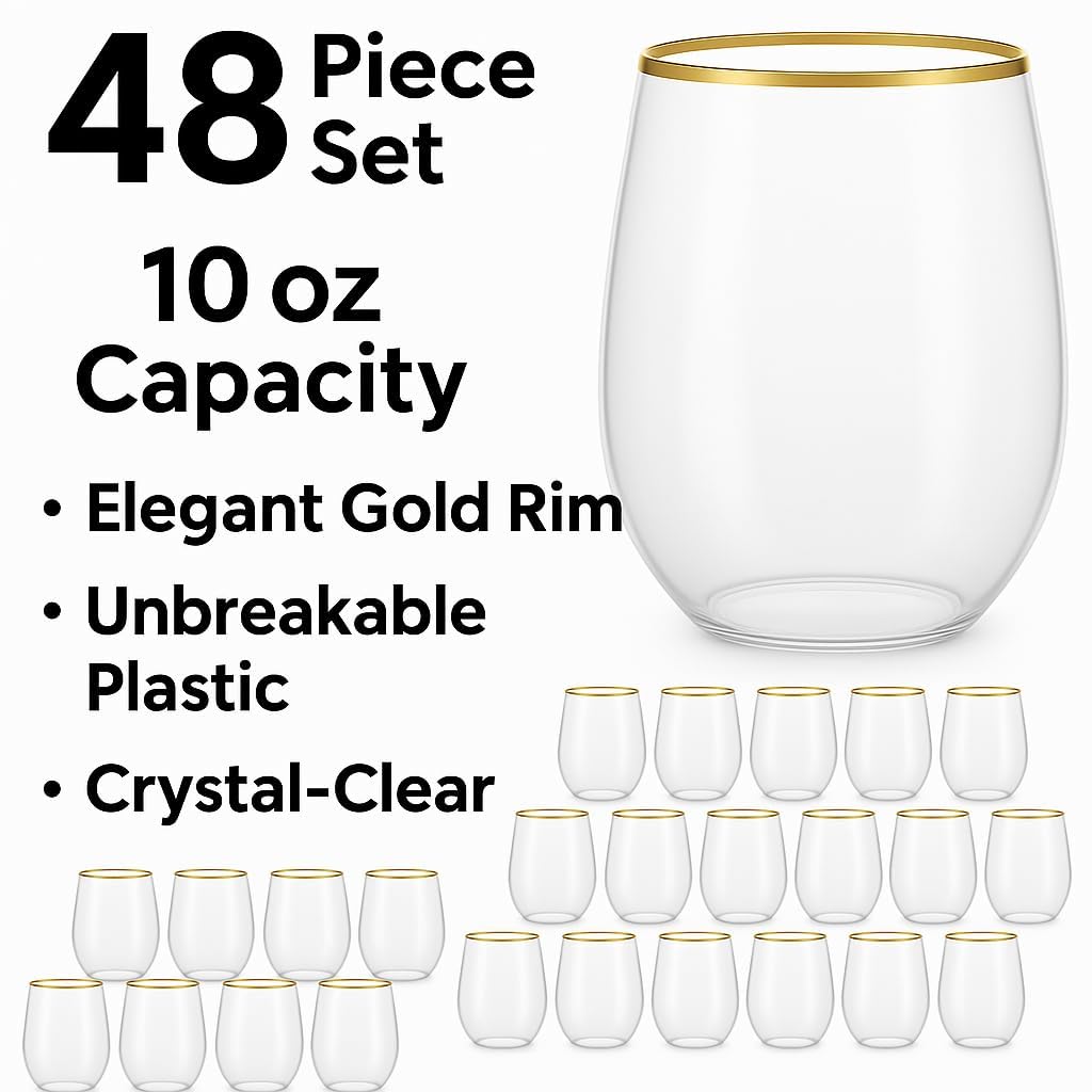 48 piece Stemless Unbreakable Crystal Clear Plastic Wine Glasses Set of 48 Small (10 Ounce - Gold Rim)