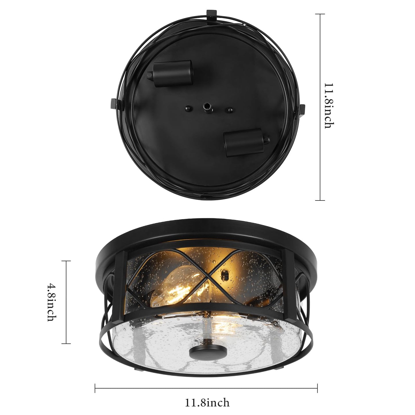 Rustic Close to Ceiling Light Fixtures, Farmhouse Flush Mount Ceiling Lighting, Metal Cage Lighting with Seeded Glass Black Cage for Home Kitchen Dining Room Bedroom Hallway Entryway Foyer