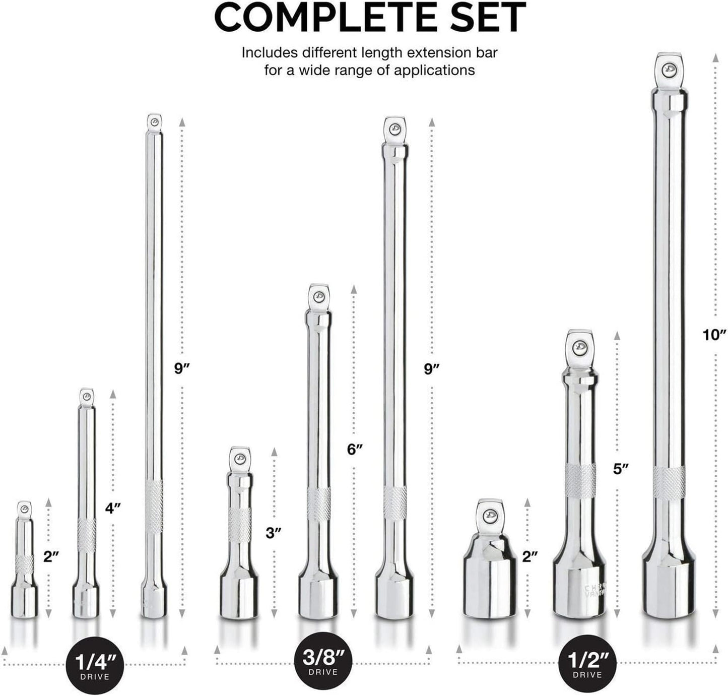 NEIKO 00249A Wobble Extension Bar Set | 9 Piece | 1/4”, 3/8”, 1/2” Drives | Cr-V Steel